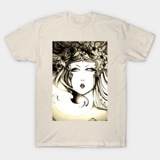 nouveau art print sketch lady floral face sepia drawing charcoal pen T-Shirt